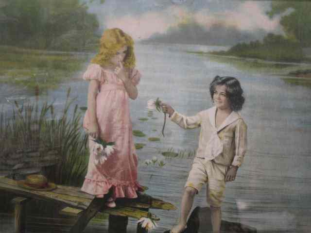 Appraisal: Victorian Lithograph of Young Boypresenting girl with winter lily image