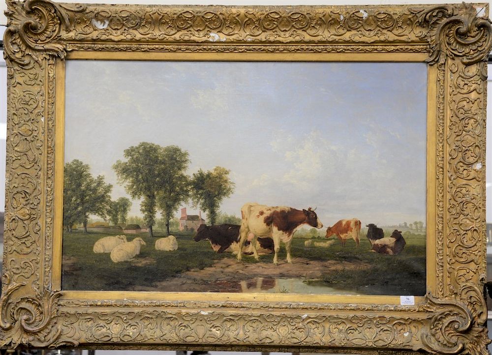 Appraisal: Country farm landscape with cows and sheep oil on canvas