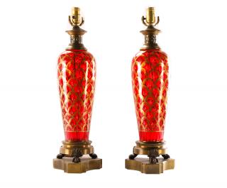 Appraisal: Pair Cranberry Glass Enamel Table Lamps Matched pair of continental