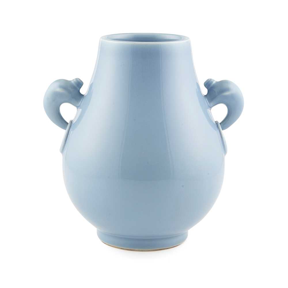 Appraisal: SKY-BLUE-GLAZED ELEPHANT HANDLED VASE GUANGXU MARK of pear shape with