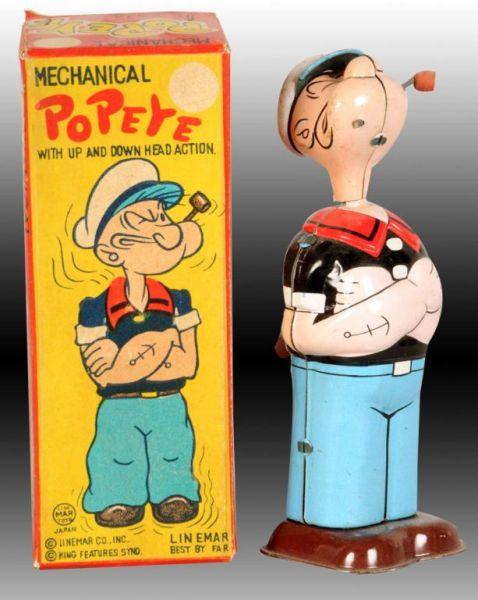 Appraisal: Linemar Tin Mechanical Popeye Toy Description Japanese Wind-up Toy includes