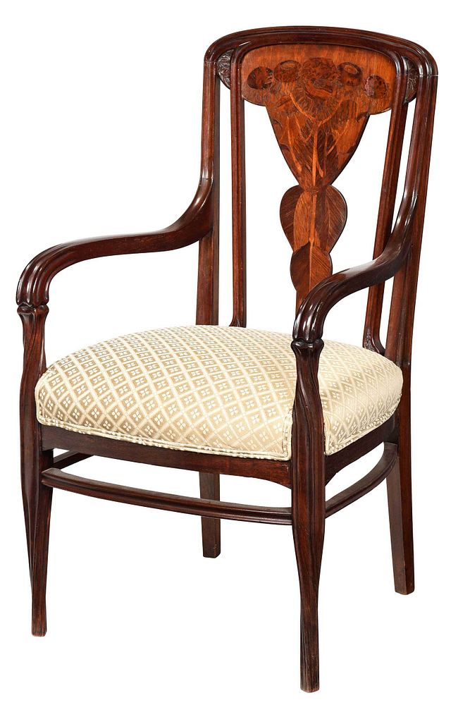 Appraisal: French Art Nouveau Marquetry Inlaid Open Armchair attributed to Marjorelle