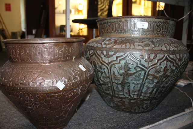 Appraisal: AN INDO-PERSIAN LARGE COPPER CONTAINER with embossed animal and foliate