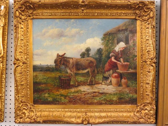 Appraisal: th Century Oil Maiden with Cat Donkey on canvas image