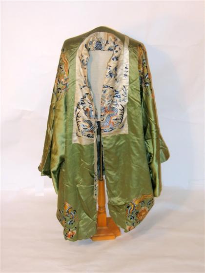 Appraisal: Heavy Chinese green ground embroidery robe late qing dynasty Possibly