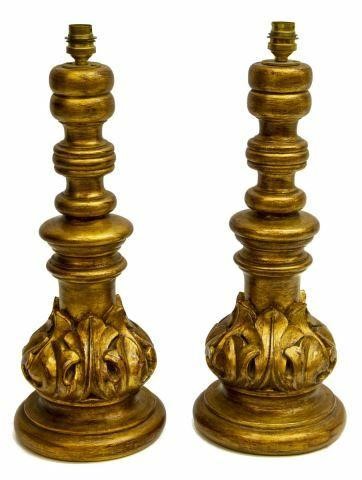 Appraisal: pair Continental giltwood table lamps th c having turned standard