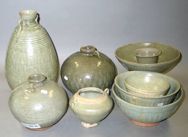 Appraisal: Seven celadon glazed stoneware vessels Thailand th- th Centuries Including