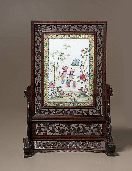 Appraisal: CHINESE PORCELAIN SCHOLAR'S SCREEN ON STAND Chinese th century a