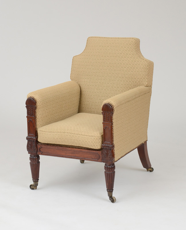 Appraisal: WILLIAM IV CARVED MAHOGANY LIBRARY ARMCHAIR With and upholstered backrest