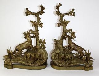 Appraisal: Pair of French bronze hunt motif andirons A pair of