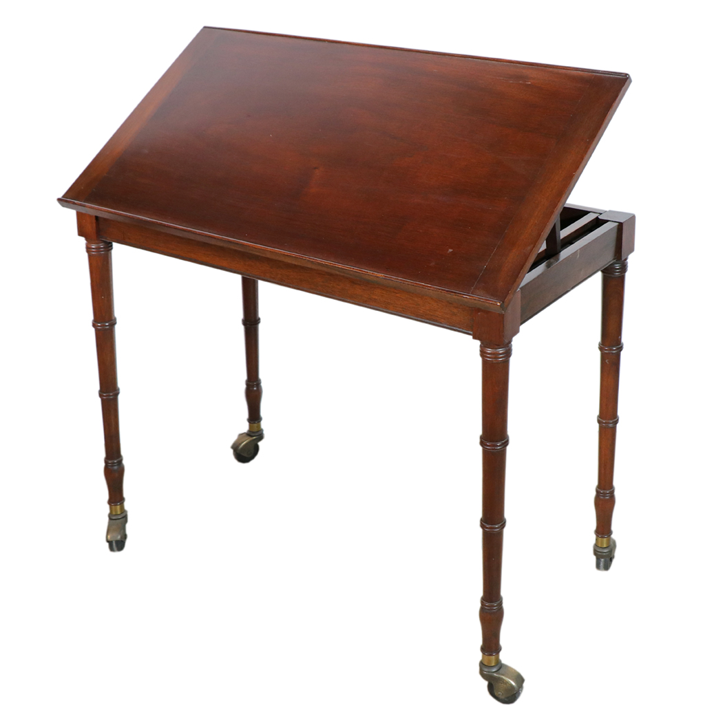 Appraisal: SOLID MAHOGANY SIDETABLE Circa mahogany sidetable with turned legs on