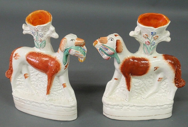 Appraisal: Pair of English Staffordshire spill vases of lurchers with game