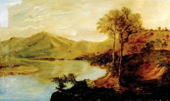 Appraisal: Scottish school th century MOUNTAIN RIVER LANDSCAPE oil on canvas