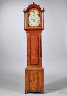 Appraisal: New Hampshire Grain-painted Tall Clock c arch-top hood with freestanding