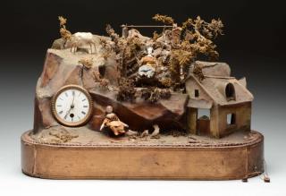 Appraisal: French Automated Diorama Musical Clock French clock with porcelain dial