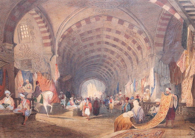 Appraisal: CIRCLE OF THOMAS ALLOM - Silk bazaar Constantinople watercolour x