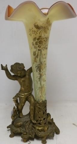 Appraisal: LATE TH C VICTORIAN CASED GLASS VASE WITHPAINTED FLORAL DESIGN