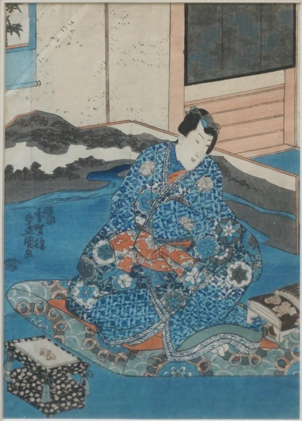 Appraisal: KUNISADA WOMAN IN INTERIOR WOODBLOCK PRINT FRAME X IN X