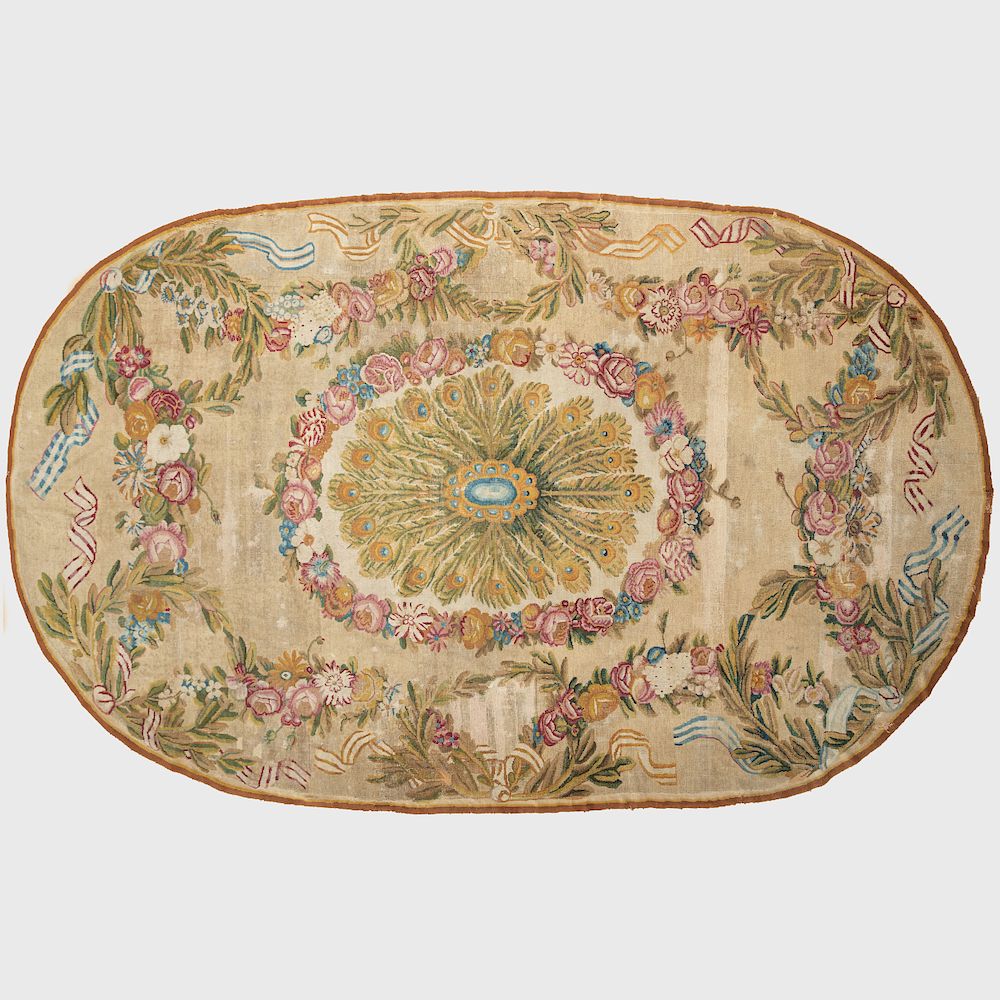 Appraisal: Large Continental Floral Wool Oval Carpet Large Continental Floral Wool