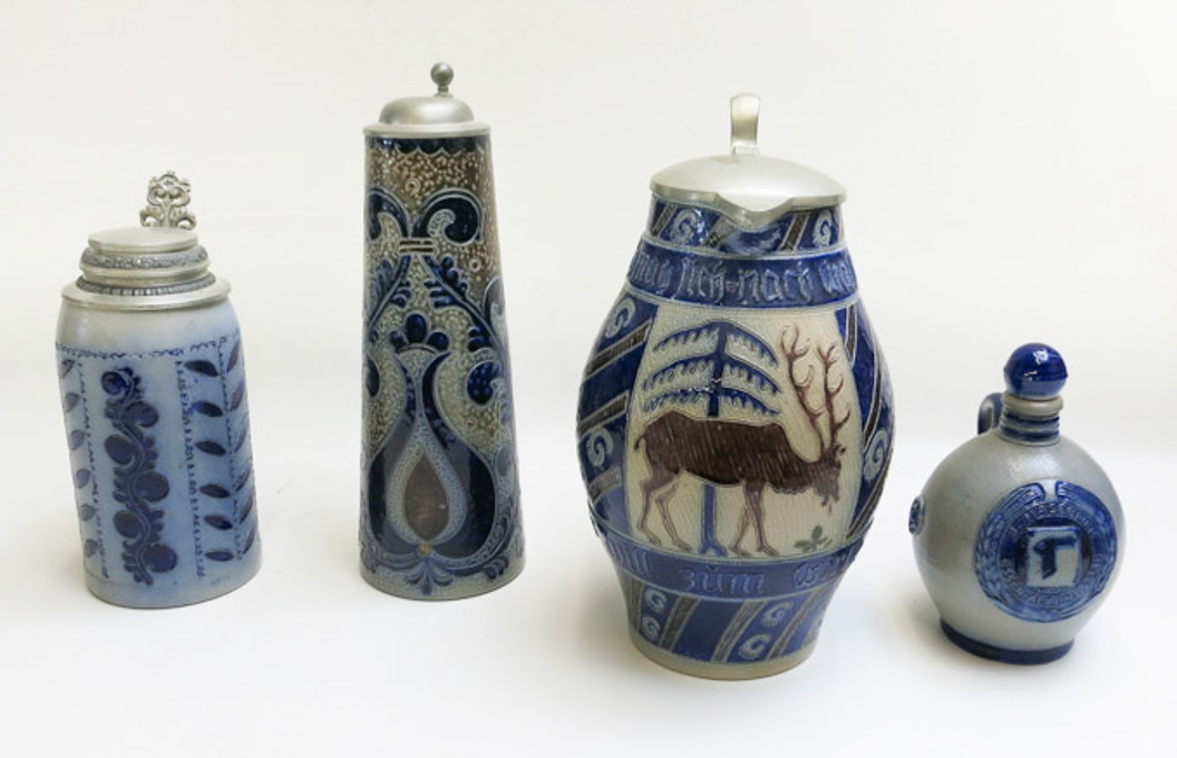 Appraisal: FOUR GERMAN SALT GLAZED VESSELS including one two-liter stein by