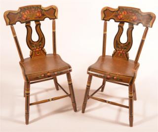 Appraisal: Pair of Lyre Back Paint Decorated Plank Chairs th C