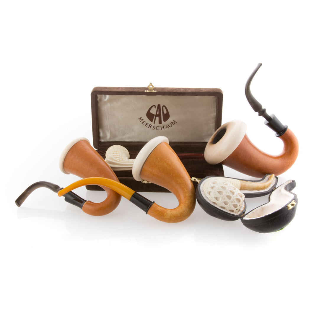 Appraisal: Five Meerschaum pipes including three curved burlwood pipes with meerschaum