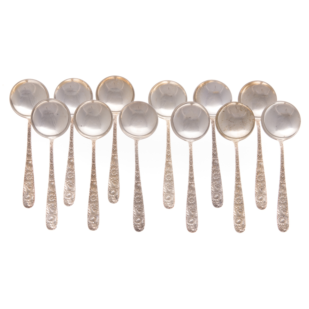 Appraisal: Set of Kirk Repousse sterling soup spoons ozt Condition Monogrammed