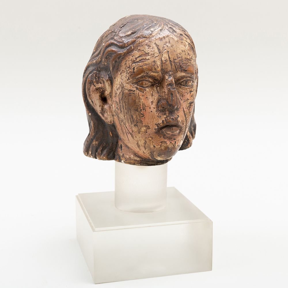 Appraisal: Polychrome and Carved Wood Bust of a Man Raised on