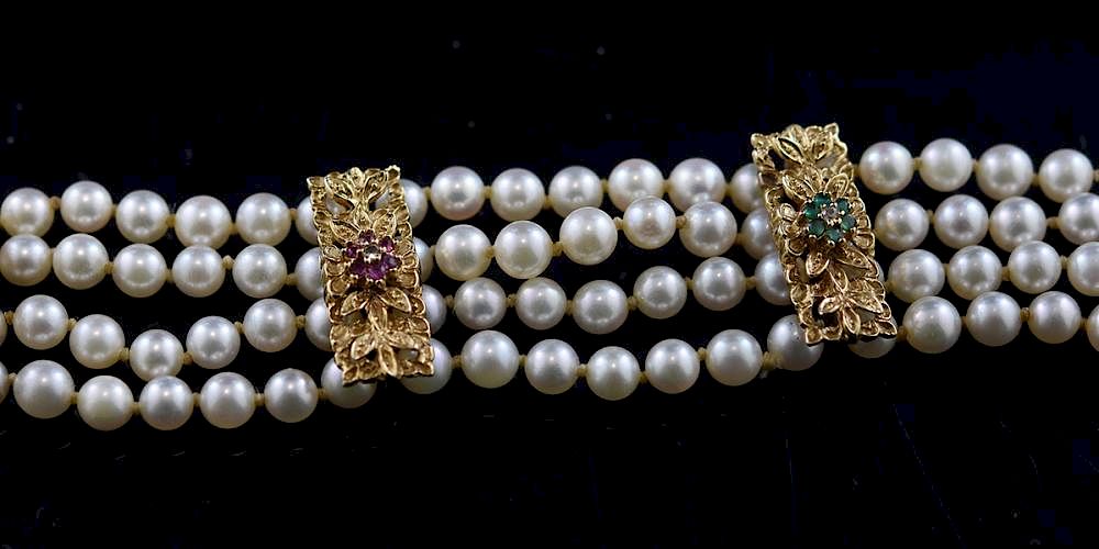 Appraisal: Elegant Pearl Precious Stones Bracelet Four strand pearl bracelet with