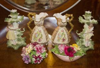 Appraisal: Porcelain Pieces Figural Candlesticks Pair of Pitchers Flowers and Bowls