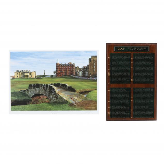 Appraisal: ST ANDREWS LITHOGRAPH AND TOP PLACES TO PLAY GOLF PLAQUE