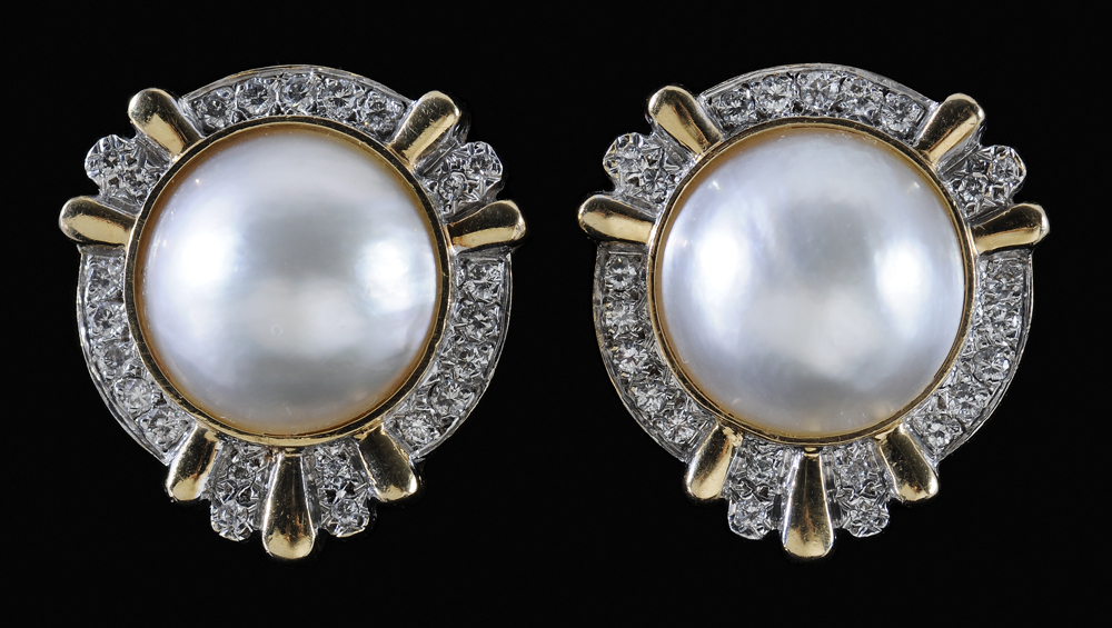 Appraisal: Mab Pearl Diamond Earrings each set with one mab pearl