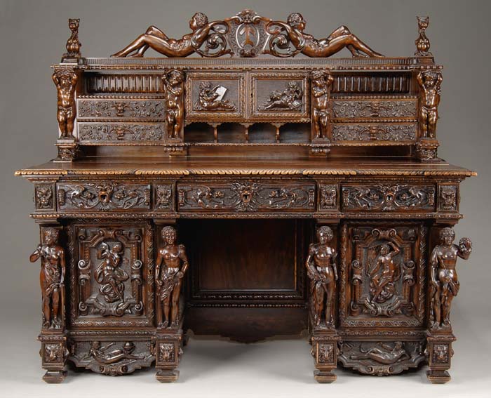 Appraisal: OUTSTANDING LAVISHLY CARVED WALNUT KNEE HOLE DESK In two sections