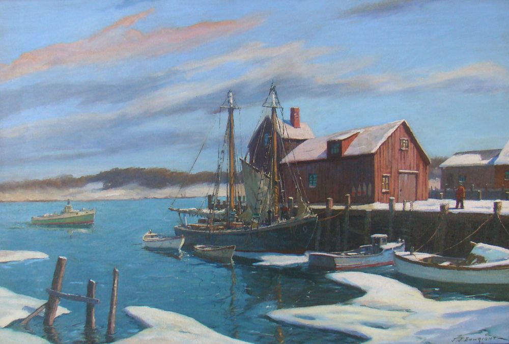 Appraisal: J J ENWRIGHTAmerican - Fishing Wharf in Winter Signed lower