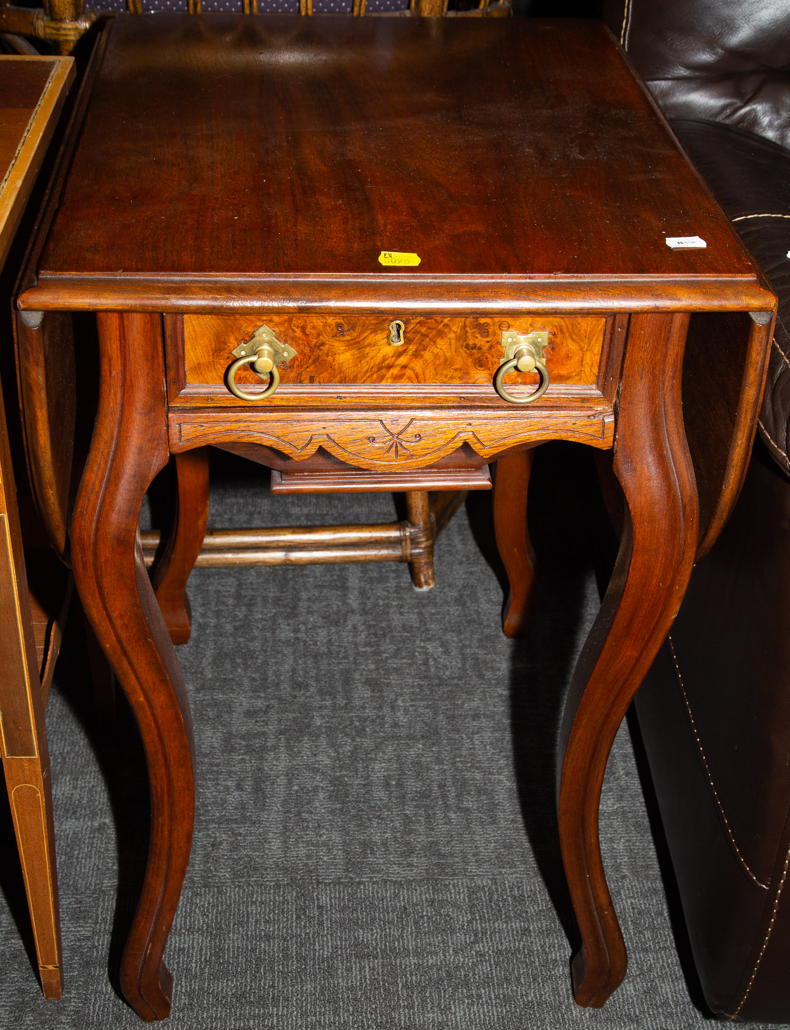 Appraisal: FRENCH STYLE MAHOGANY DROP LEAF SIDE TABLE Probably English circa