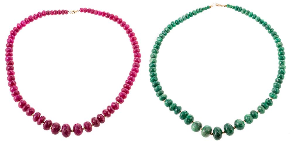 Appraisal: A Pair of Ruby Emerald Bead Necklaces Graduated faceted emerald