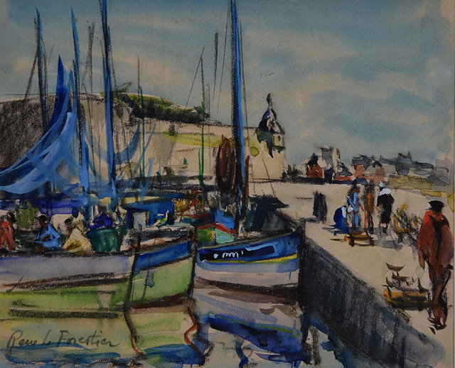 Appraisal: RENE LE FORESTIER - At the harbour side signed watercolour