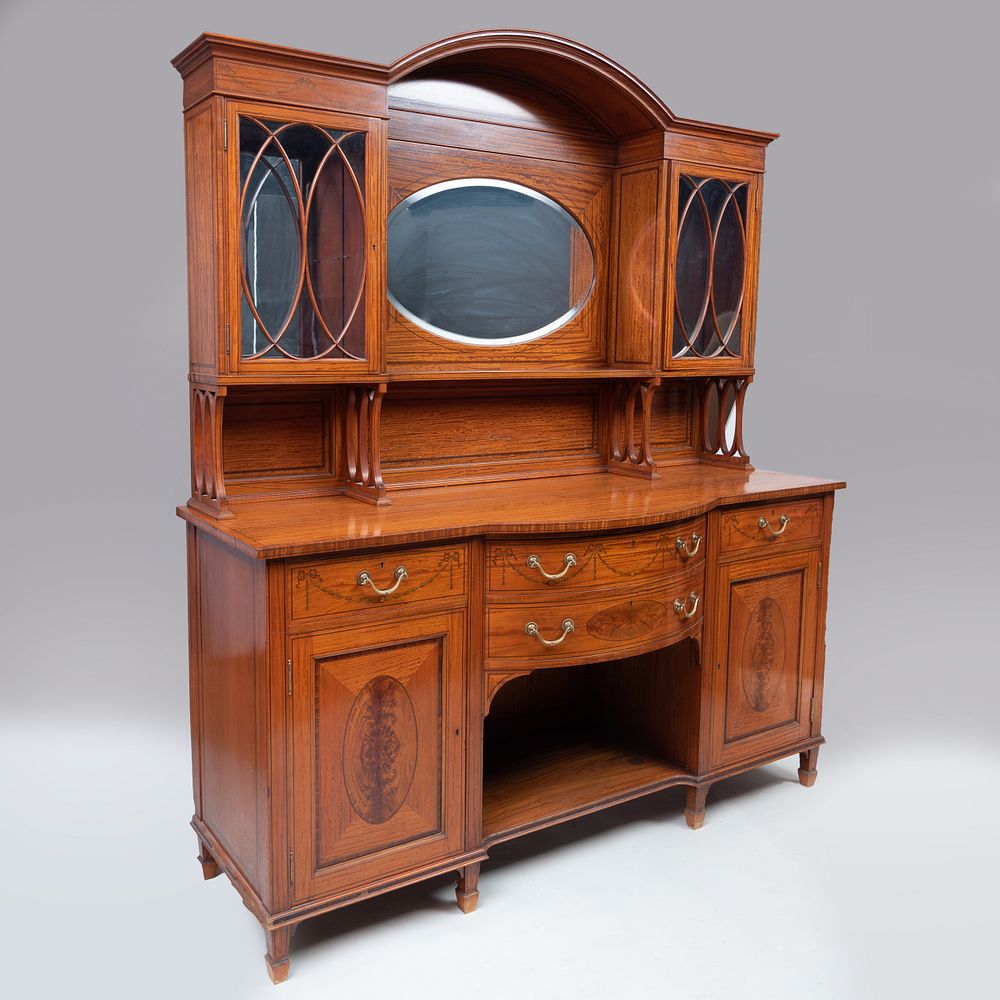 Appraisal: Edwardian Inlaid and Painted Satinwood Sideboard and Superstructure In two