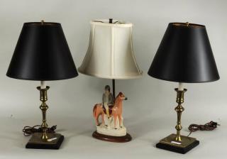 Appraisal: Pair Brass Lamps Staffordshire Horse Rider Lamp Pair of brass