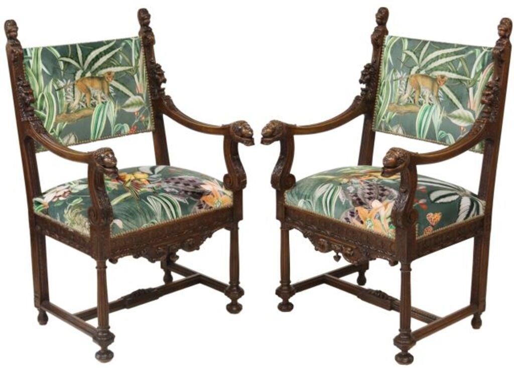 Appraisal: pair French Renaissance Revival walnut armchairs th c the stiles