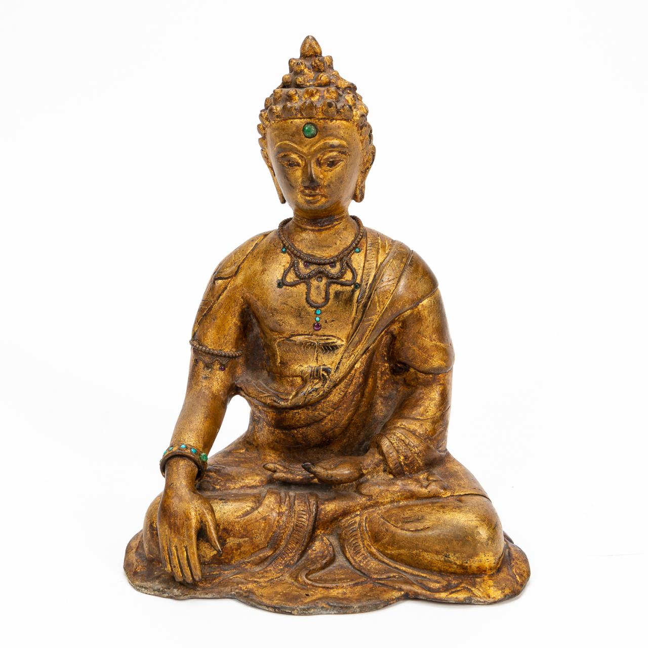 Appraisal: ASIAN GILT METAL SEATED BUDDHA W INLAID STONES Asian Gilt