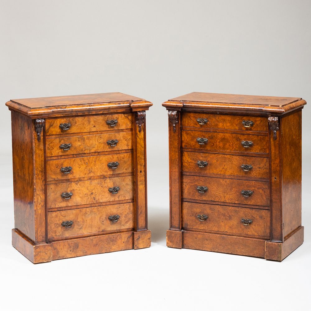 Appraisal: Pair of Victorian Burl Walnut Diminutive Wellington Chests of Drawers