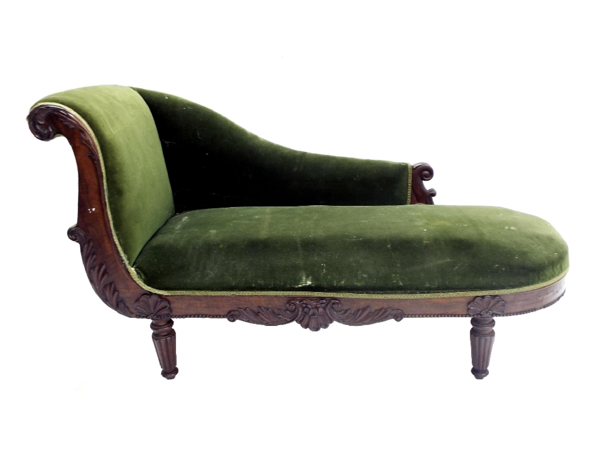 Appraisal: Early Victorian flame mahogany framed chaise longue with green upholstery