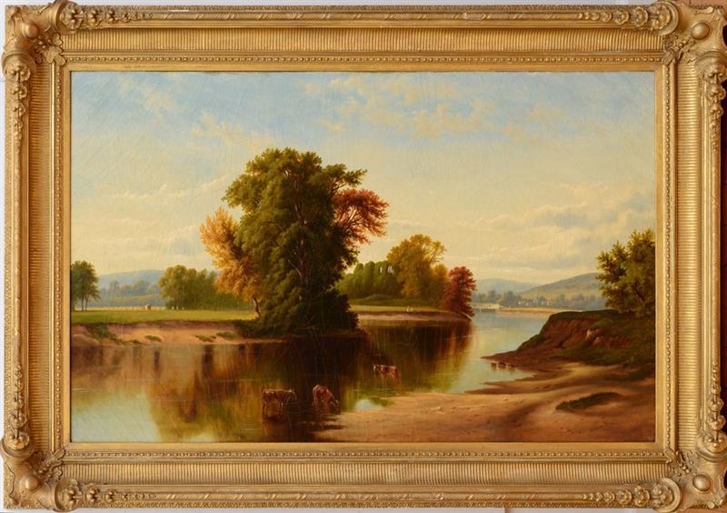 Appraisal: AMERICAN SCHOOL RIVER LANDSCAPE WITH COWS Oi on canvas unsigned