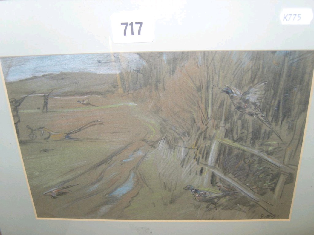 Appraisal: A charcoal and pastel study of a pheasant shooting scene