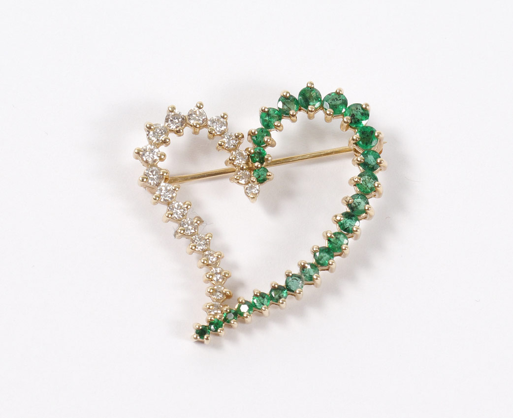 Appraisal: K EMERALD DIAMOND OPEN HEART BROOCH K yellow gold heart