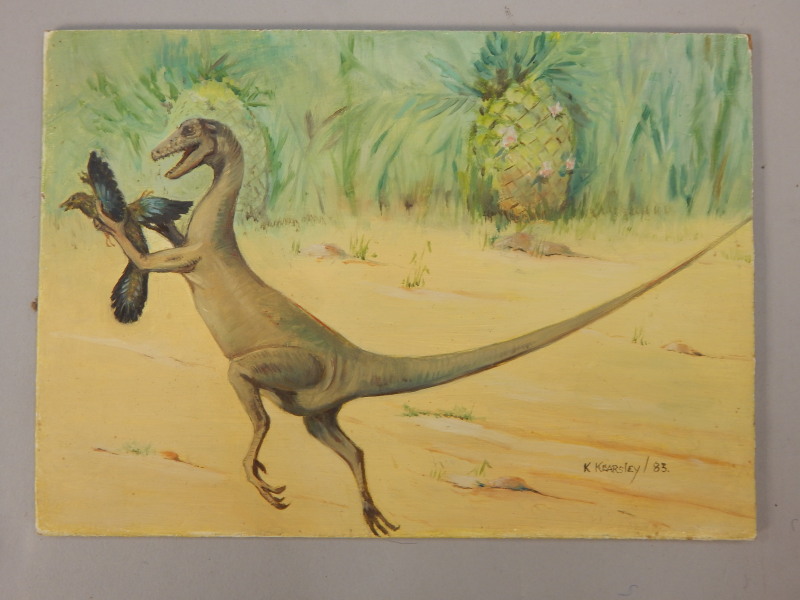 Appraisal: K Kearsley Velociraptor dinosaur catching a bird oil on board