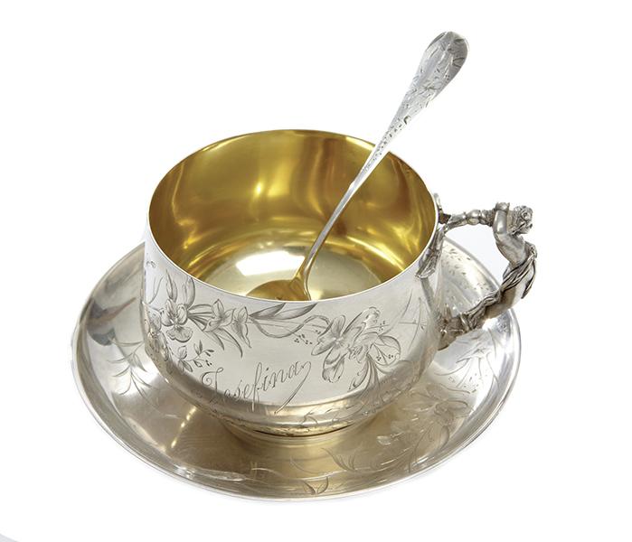 Appraisal: A FRENCH LATE TH CENTURY SILVER CUP SAUCER AND SPOON