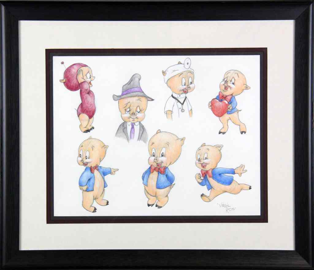 Appraisal: Original Virgil Ross Porky Pig Model SheetDepicting seven colored pencil