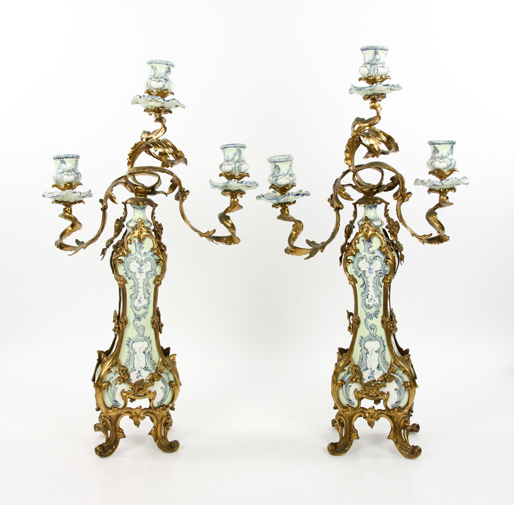 Appraisal: - Pr Antique Porcelain and Bronze Candelabras Pair of antique